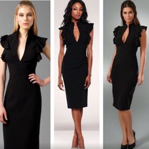 🎉HOST PICK✨Black Halo Wine Keyhole Slit Ruffle Sleeve Eva dress cocktail midi - Picture 3 of 11